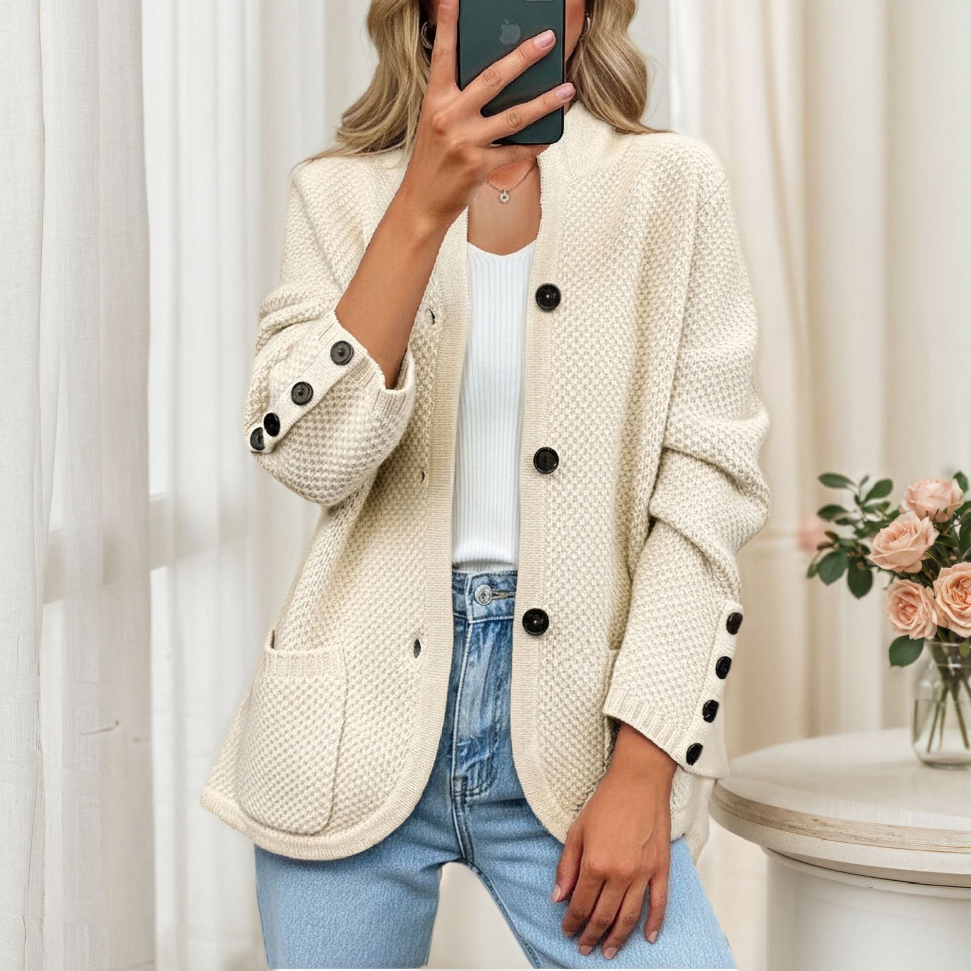 Gilet cardigan uni à col montant et poches