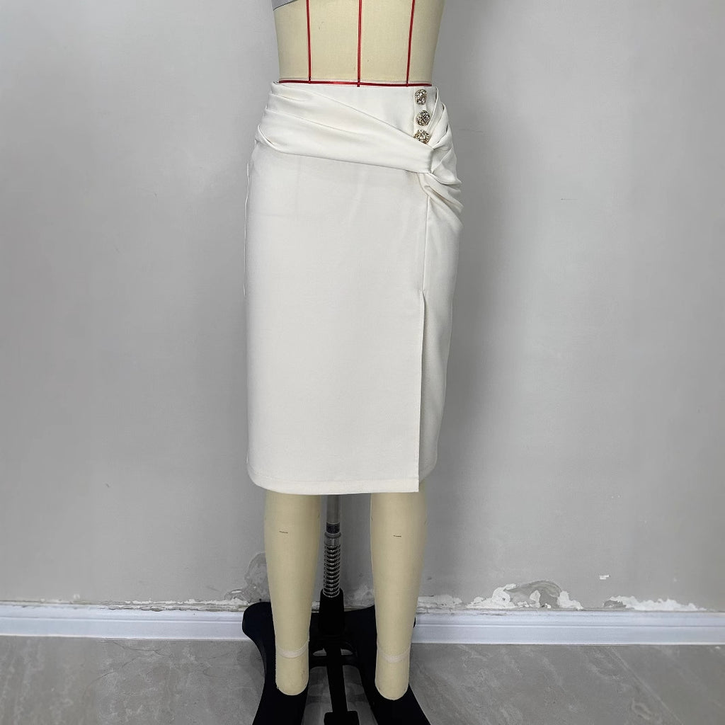 jupe mi-longue fendue à boutons, couleur abricot