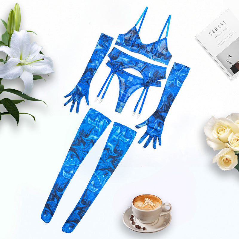 Ensemble de lingerie sexy cinq pièces en maille froncée, tie-dye colorée