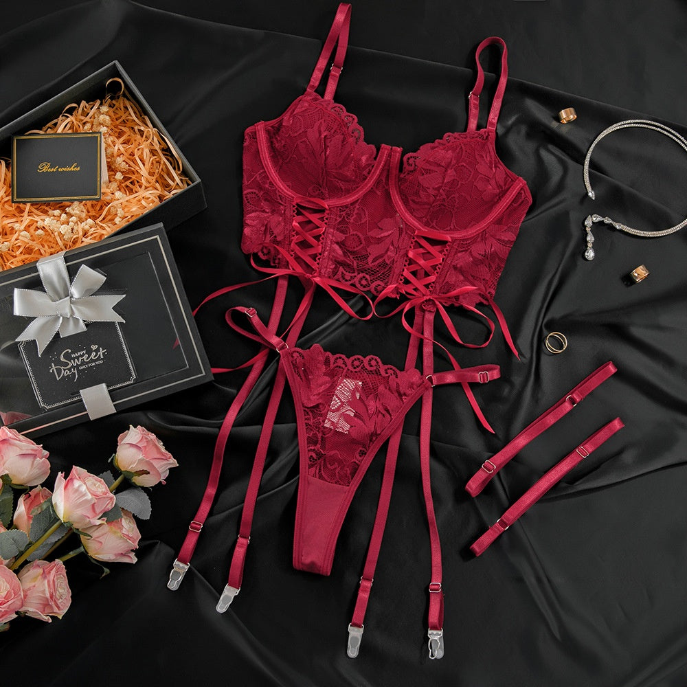 Ensemble de lingerie en dentelle rouge pour femme - Sexy, bretelles froncées et réglables, élégant et confortable