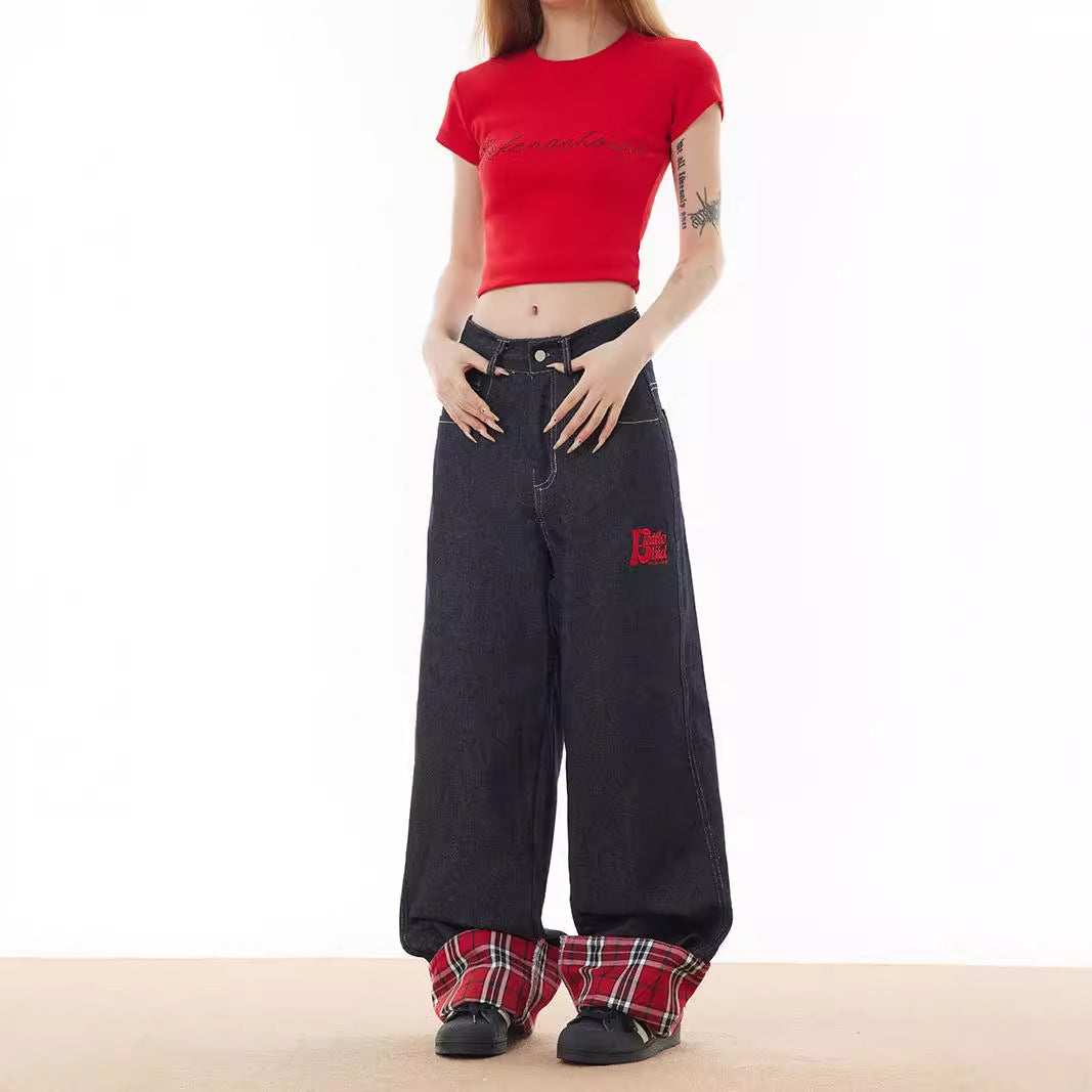 Jean à carreaux patchwork à ourlet roulé