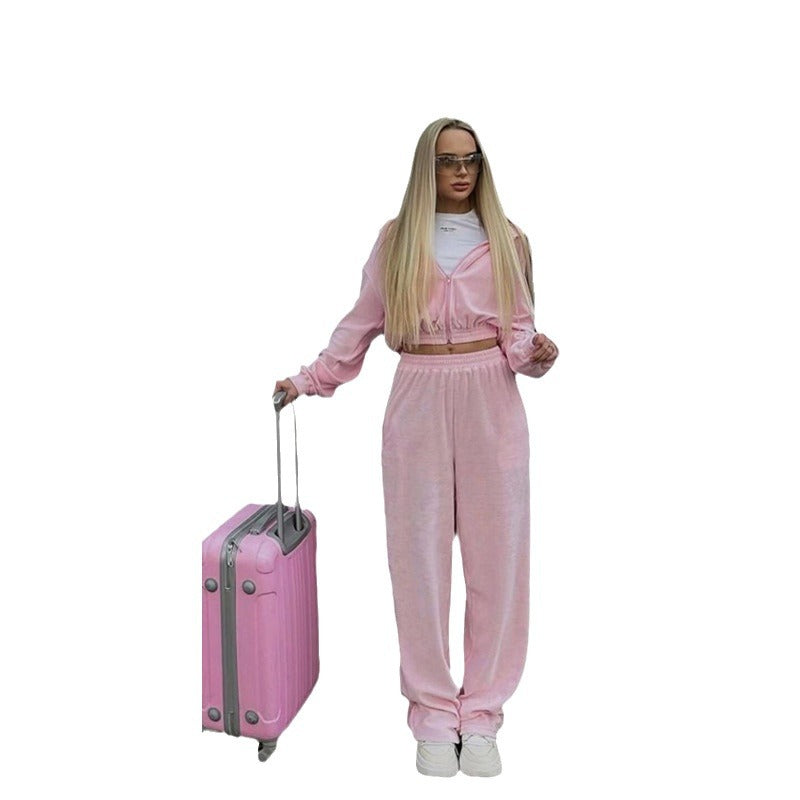 Long sleeved hooded cardigan and elastic long pants set