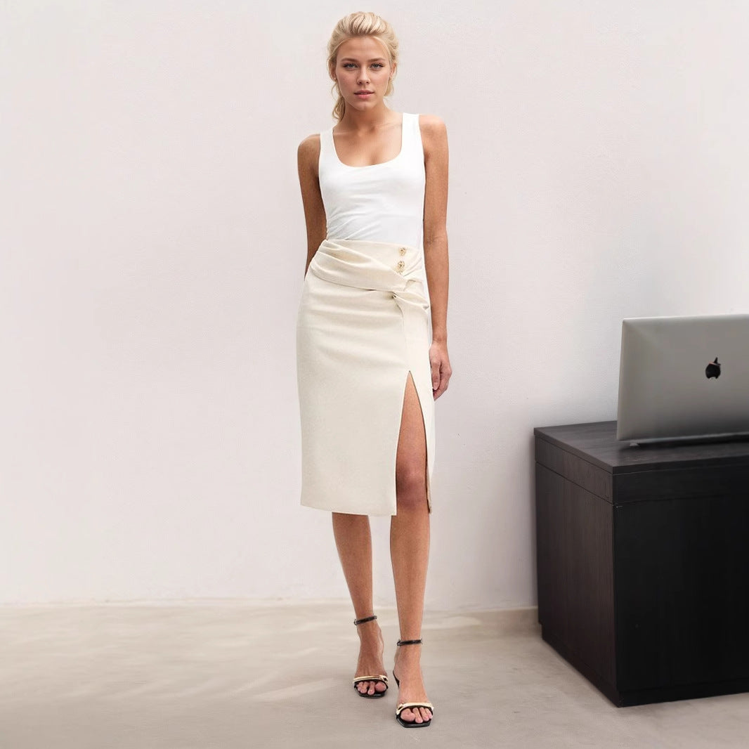 jupe mi-longue fendue à boutons, couleur abricot