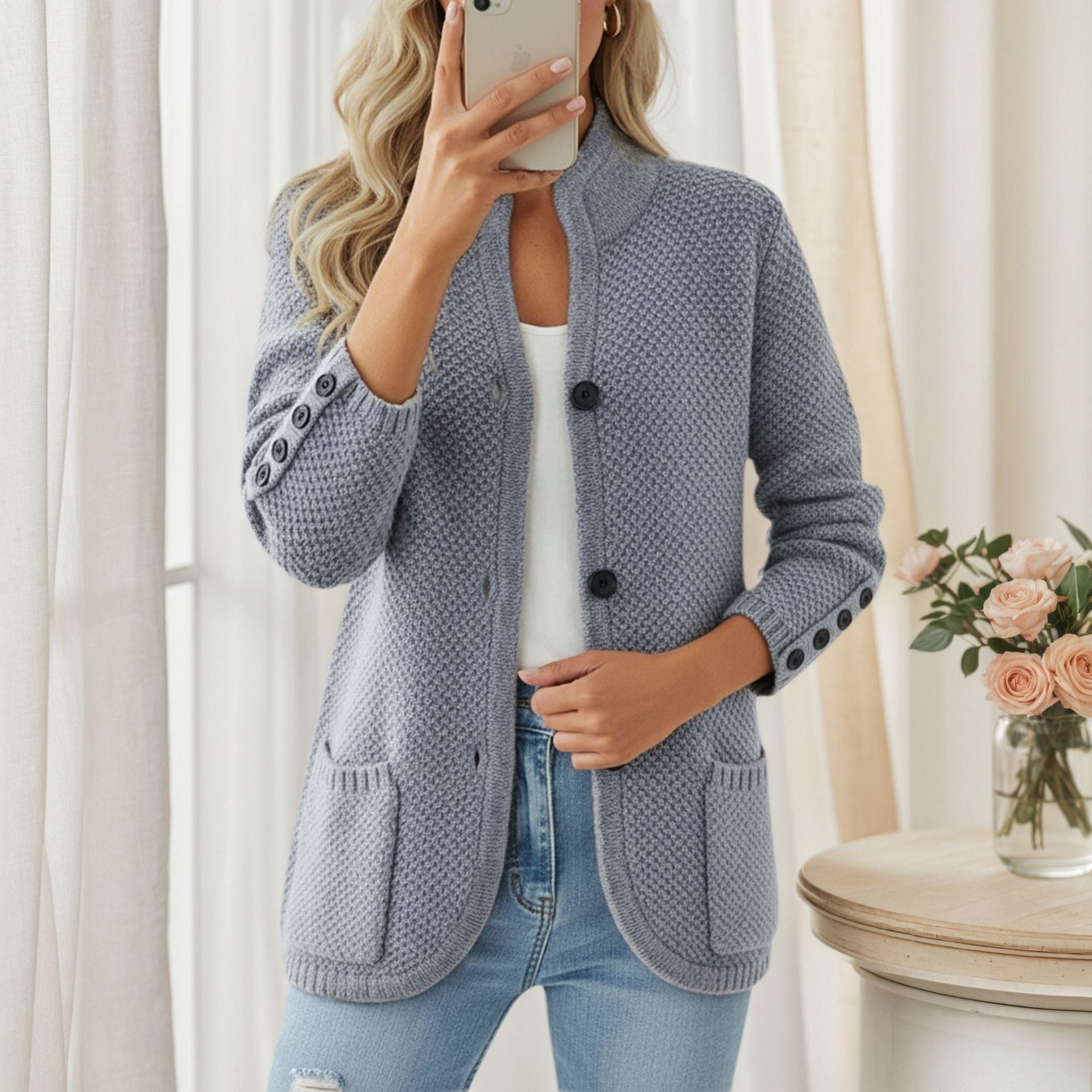 Gilet cardigan uni à col montant et poches