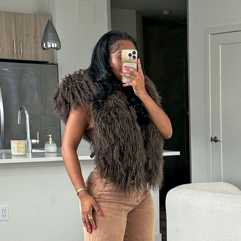 Haut sexy à capuche en fausse fourrure dos nu, nouvelle collection