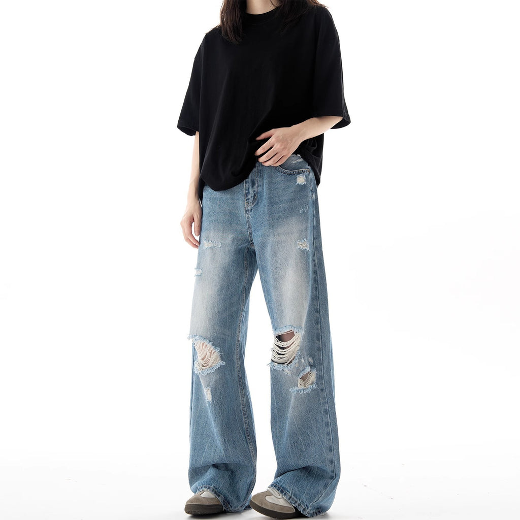 Jean déchiré style streetwear, coupe ample, jambe droite, décontracté, respirant, pantalon long fluide