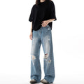 Jean déchiré style streetwear, coupe ample, jambe droite, décontracté, respirant, pantalon long fluide