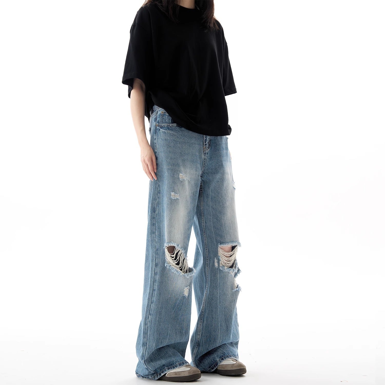 Jean déchiré style streetwear, coupe ample, jambe droite, décontracté, respirant, pantalon long fluide