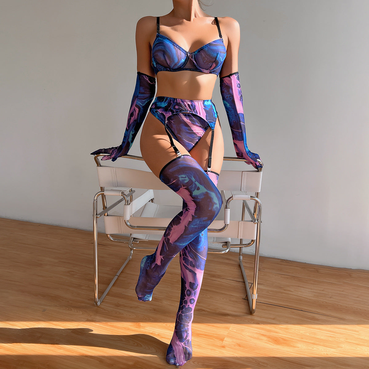 Ensemble de sous-vêtements sexy transparents push-up imprimés avec gants et jarretières pour femmes (ensemble de 5 pièces)