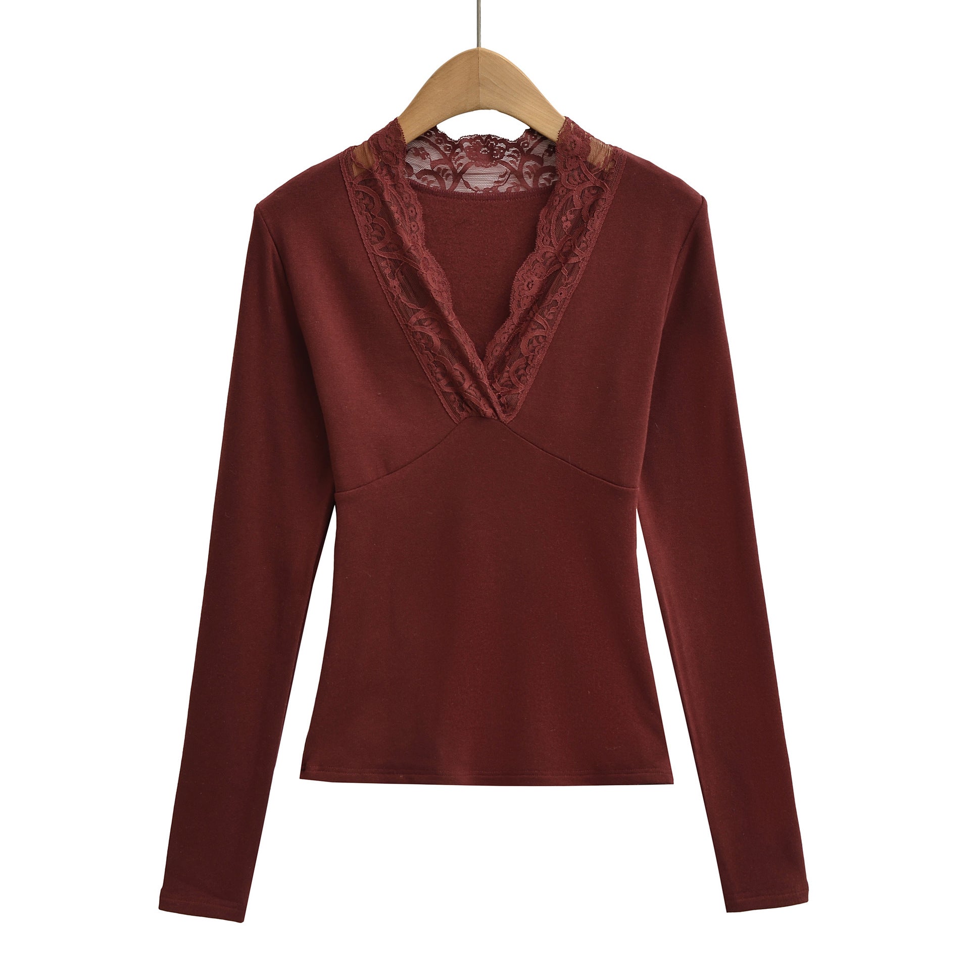 T-shirt à manches longues, col en V bordé de dentelle