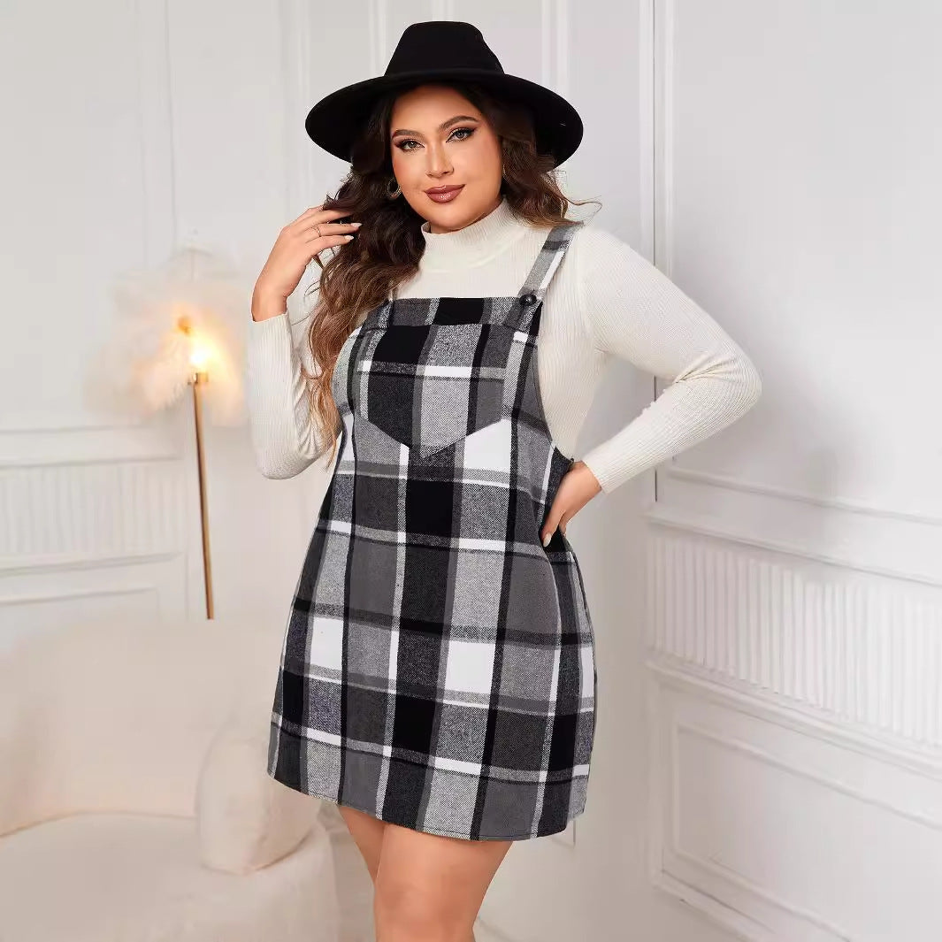 Robes d'automne oversize pour femmes, col V, carreaux, sans manches, bretelles larges, poches décontractées, mini-salopette grande tailles