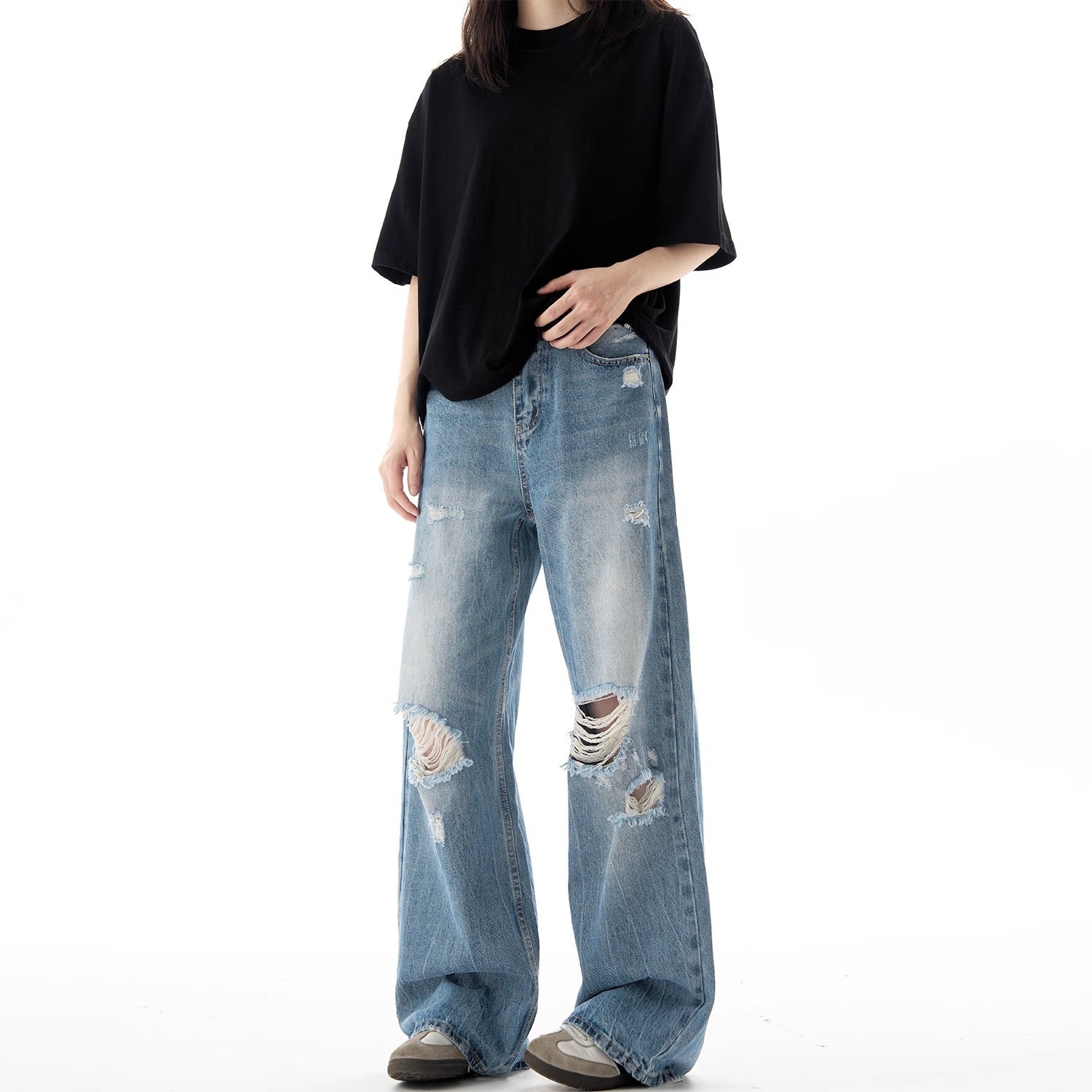 Jean déchiré style streetwear, coupe ample, jambe droite, décontracté, respirant, pantalon long fluide