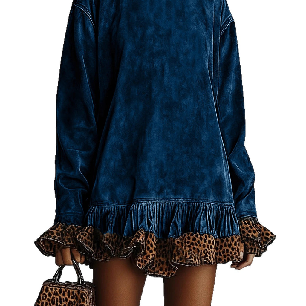 Robe patchwork léopard à col montant et manches longues