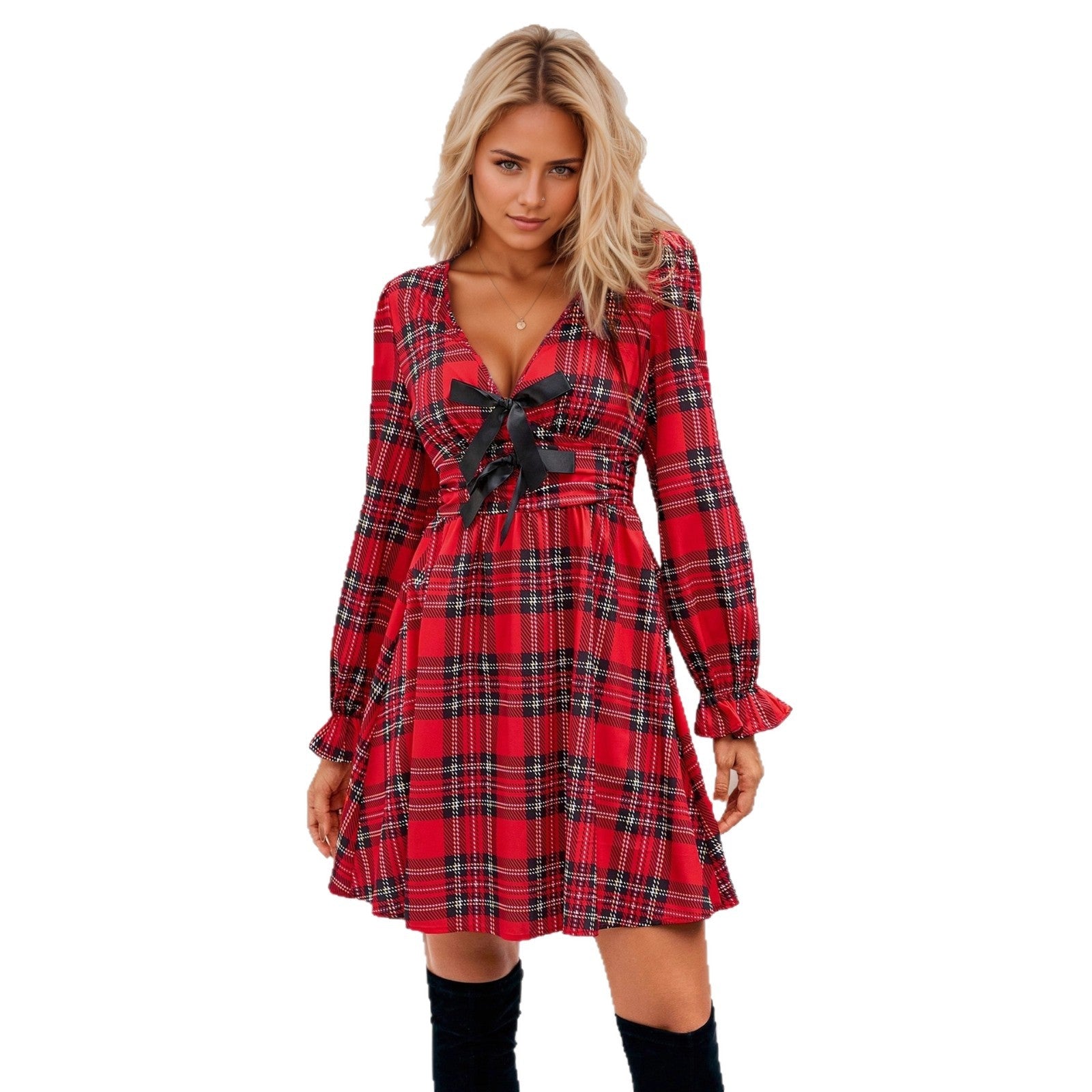 Robe à carreaux à décolleté en V profond et taille cintrée