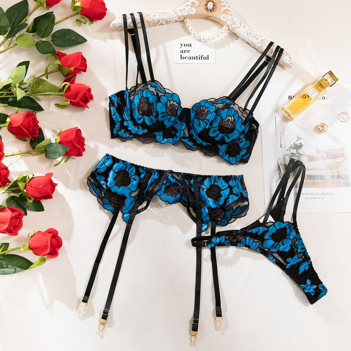 Ensemble soutien-gorge et lingerie sexy brodés de fleurs - Lingerie transparente ajourée pour femmes