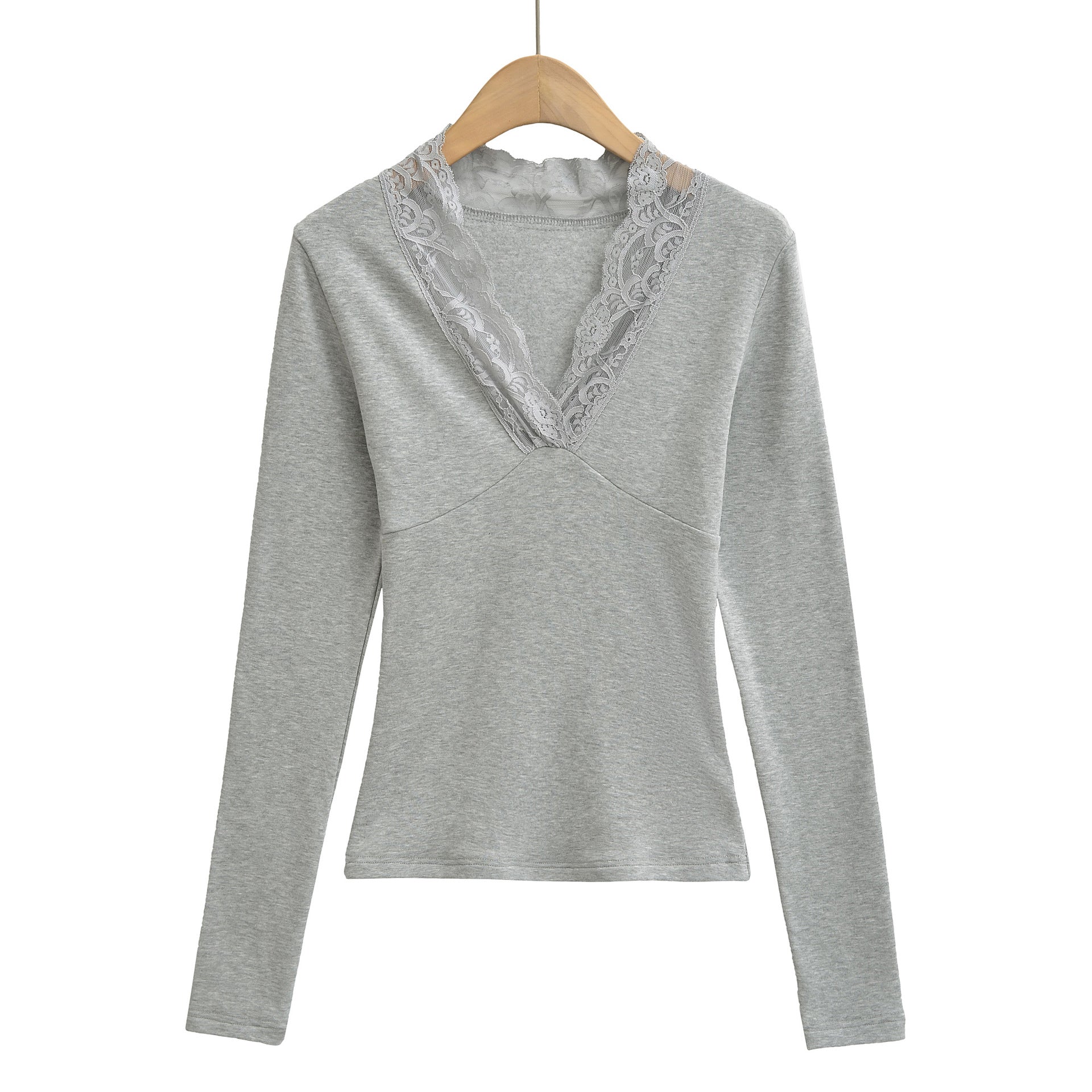 T-shirt à manches longues, col en V bordé de dentelle