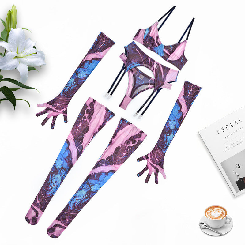 Ensemble de lingerie sexy cinq pièces en maille froncée, tie-dye colorée