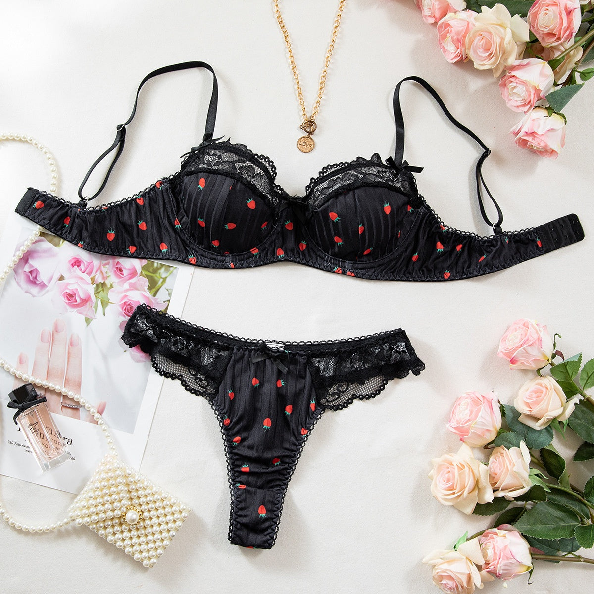 Ensemble soutien-gorge en dentelle imprimée avec anneau en acier et nœud papillon froncé, sous-vêtements érotiques