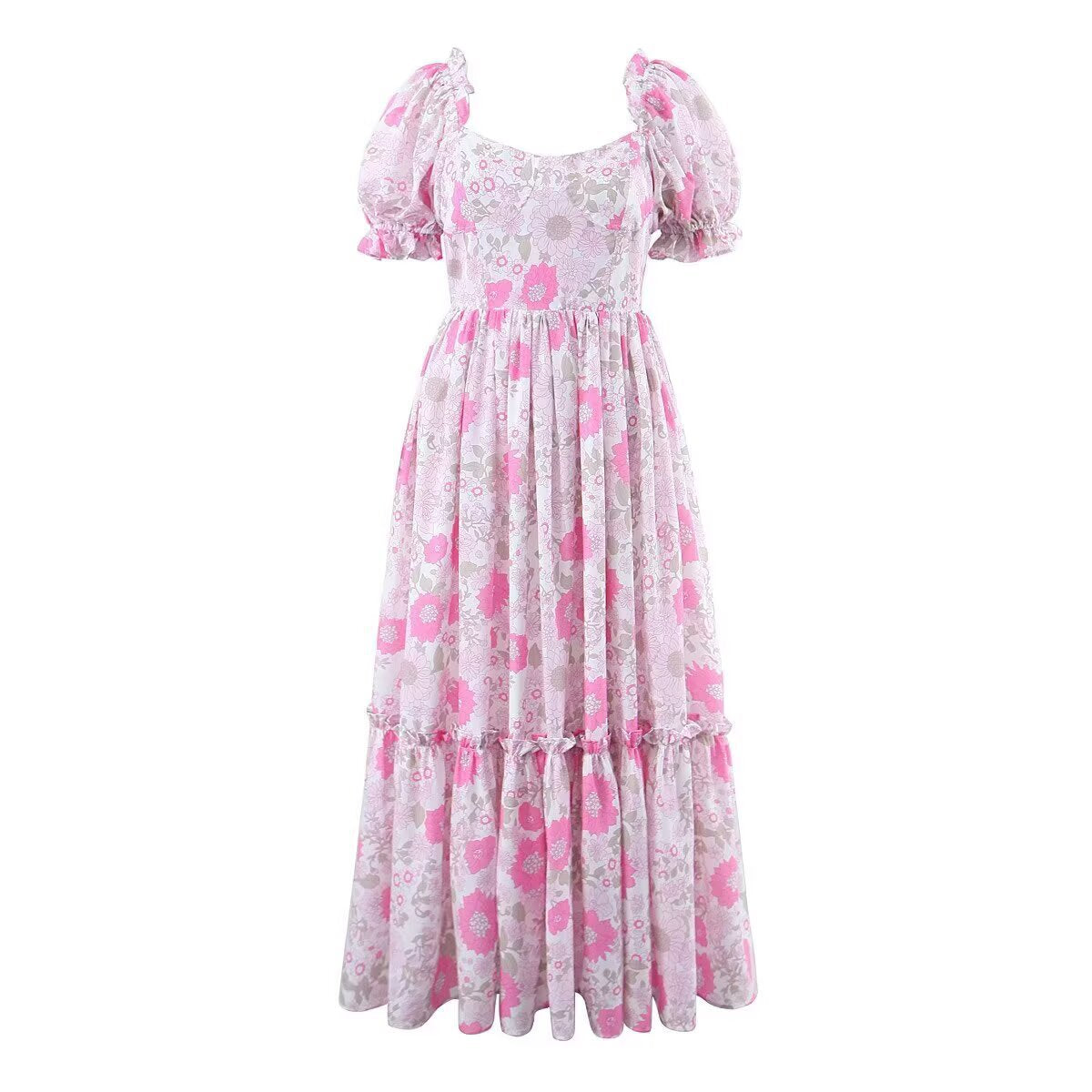 Robe femme style années 80 à manches bouffantes, imprimé floral rose, taille cintrée