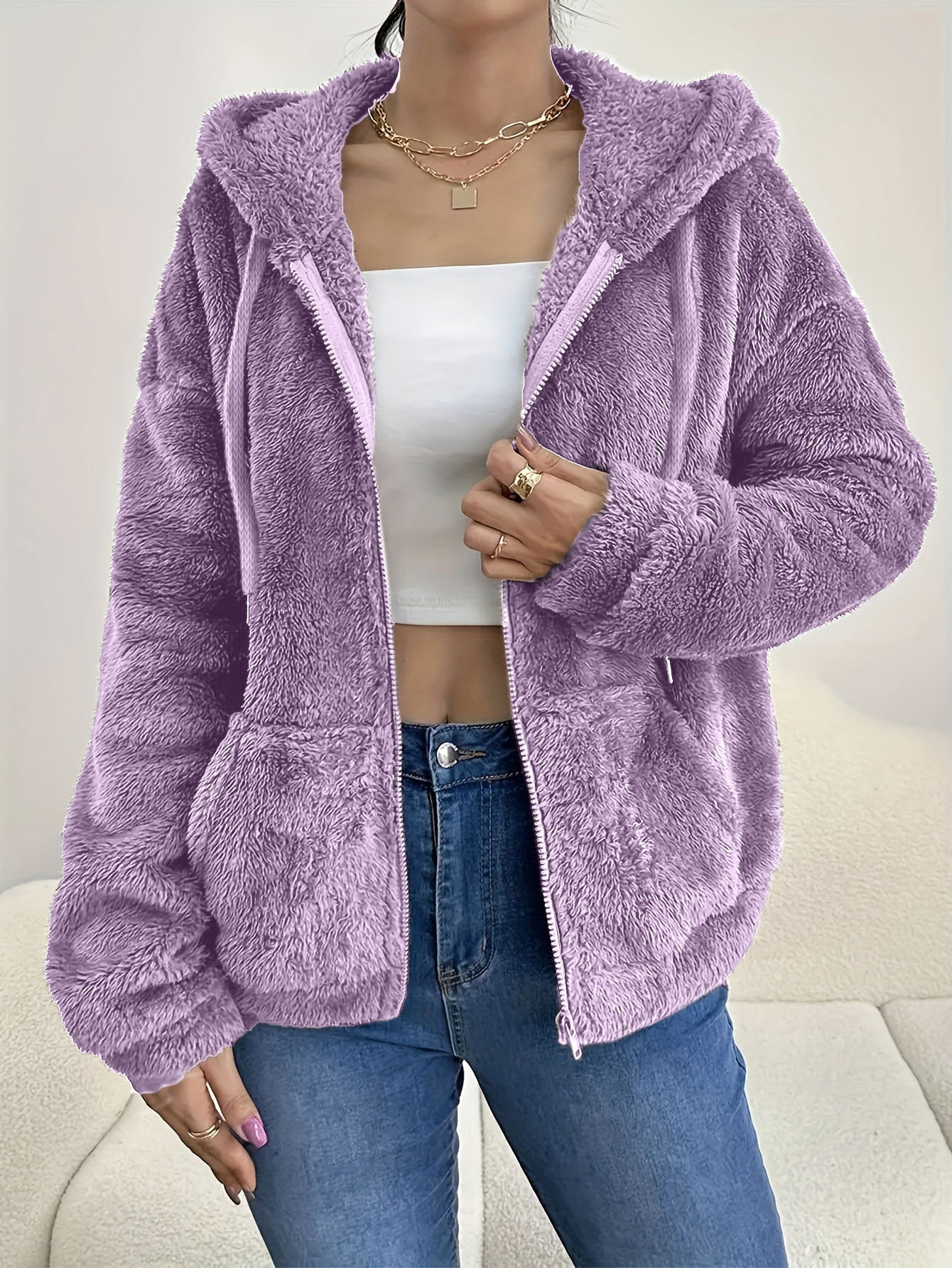 cardigan à capuche zippé de couleur unie avec poches