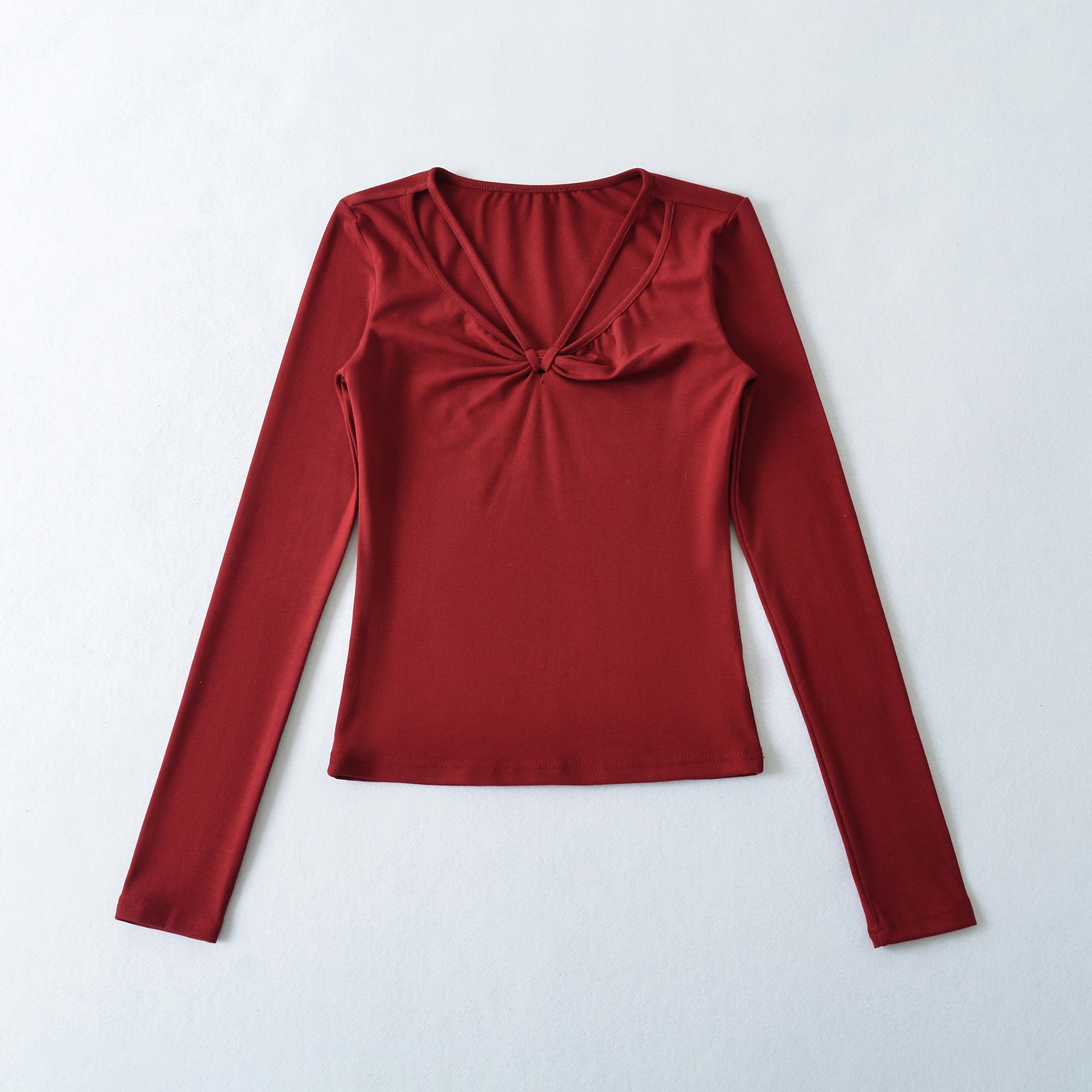 T-shirt à manches longues plissé, col en V et lacets